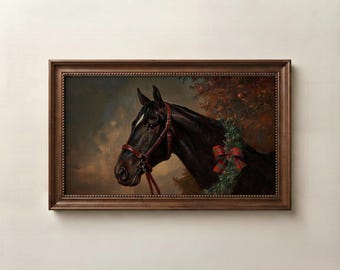 May include: A framed oil painting depicting a dark brown horse in profile, wearing a red leather bridle and a green pine wreath adorned with a red plaid bow. The horse is set against a dark, moody sky and foliage background in a brown frame.
