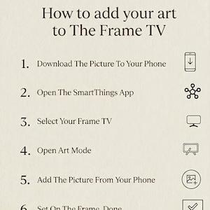 May include: An instructional guide titled How to add your art to The Frame TV, listing six numbered steps with corresponding black line icons: download, SmartThings app, select TV, open Art Mode, add picture, and set on frame.