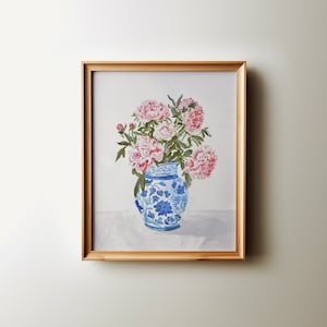pink peonies chinoiserie wall art, floral coastal granddaughter prints, Coastal grandmother wall poster, Preppy grandmillennial decor