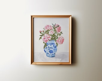 pink peonies chinoiserie wall art, floral coastal granddaughter prints, Coastal grandmother wall poster, Preppy grandmillennial decor