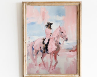 pink cowgirls print, abstract western horse oil painting poster, coastal preppy dorm western girly room wall art, boho digital download