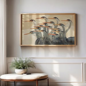 Quadro TV astratto con aironi, salvaschermo moderno e neutro con uccelli costieri. immagine 8