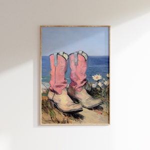 coastal cowgirl pink boots print, western  Painting printable, southern girl room bathroom wall art, cowboy digital download