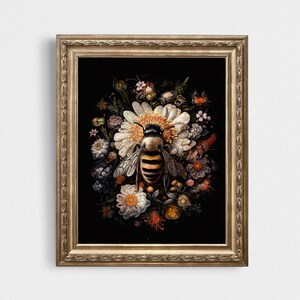 Autumn dark botanical print, spring dark academia wall art, moody floral bee dark cottagecore artwork printable digital download