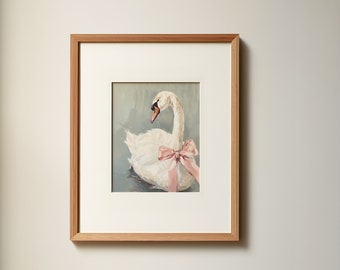 swan with a pink bow print, soft pink girly nursery painting, dreamy Balletcore wall art, pastel coquette aesthetic teen girl bedroom poster