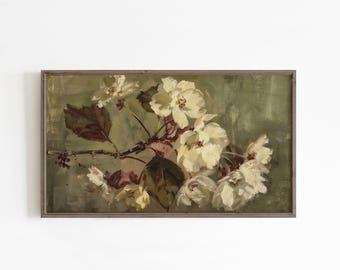 Lijst tv-kunst Moody bloemenschilderij, witte bloemen donkere screensaver olijfgroen decor