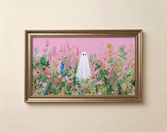 Pink Wildflower Ghost Frame TV Art, Summerween Samsung Frame Art, Cute Halloween TV Screensaver, Digital Download