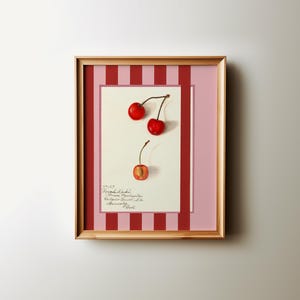 Cherry Vintage botanical striped red pink art print, digital download, grandmillennial printable art, retro preppy wall decor