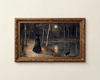 Witch Black Cat Moon Frame TV Art, Halloween Samsung Frame Art, Dark Forest TV Screensaver, Digital Download
