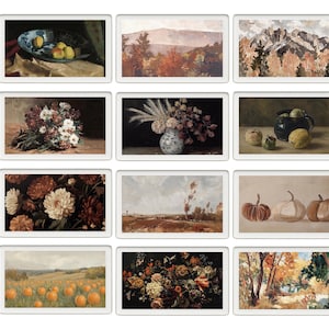 May include: A collection of twelve rectangular art prints featuring various scenes including still life arrangements of fruit and flowers, autumn landscapes, mountain vistas, pumpkin patches, and fields, all presented in a grid layout with white borders.