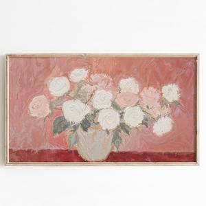 frame tv art roses, pink still life textured painting