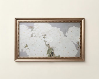 Cornice con ortensie bianche per TV, salvaschermo floreale moderno con texture primaverile/estiva, opera d'arte neutra estiva