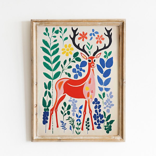 deer painting, colorful wall art, abstract folk winter bright holiday wall art, eclectic apartment poster, nordic wall decor