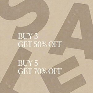 May include: A beige background with large, stylized gray letters spelling "SALE." White text offers discounts: "BUY 3 GET 50% OFF" and "BUY 5 GET 70% OFF." The design has a textured, painted appearance.