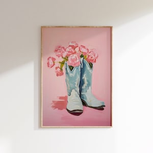Cowgirl Boots Wall Art, floral western nursery print, warm Pastel Pink and Blue Western Country Aesthetic, Coastal cowgirl poster Printable