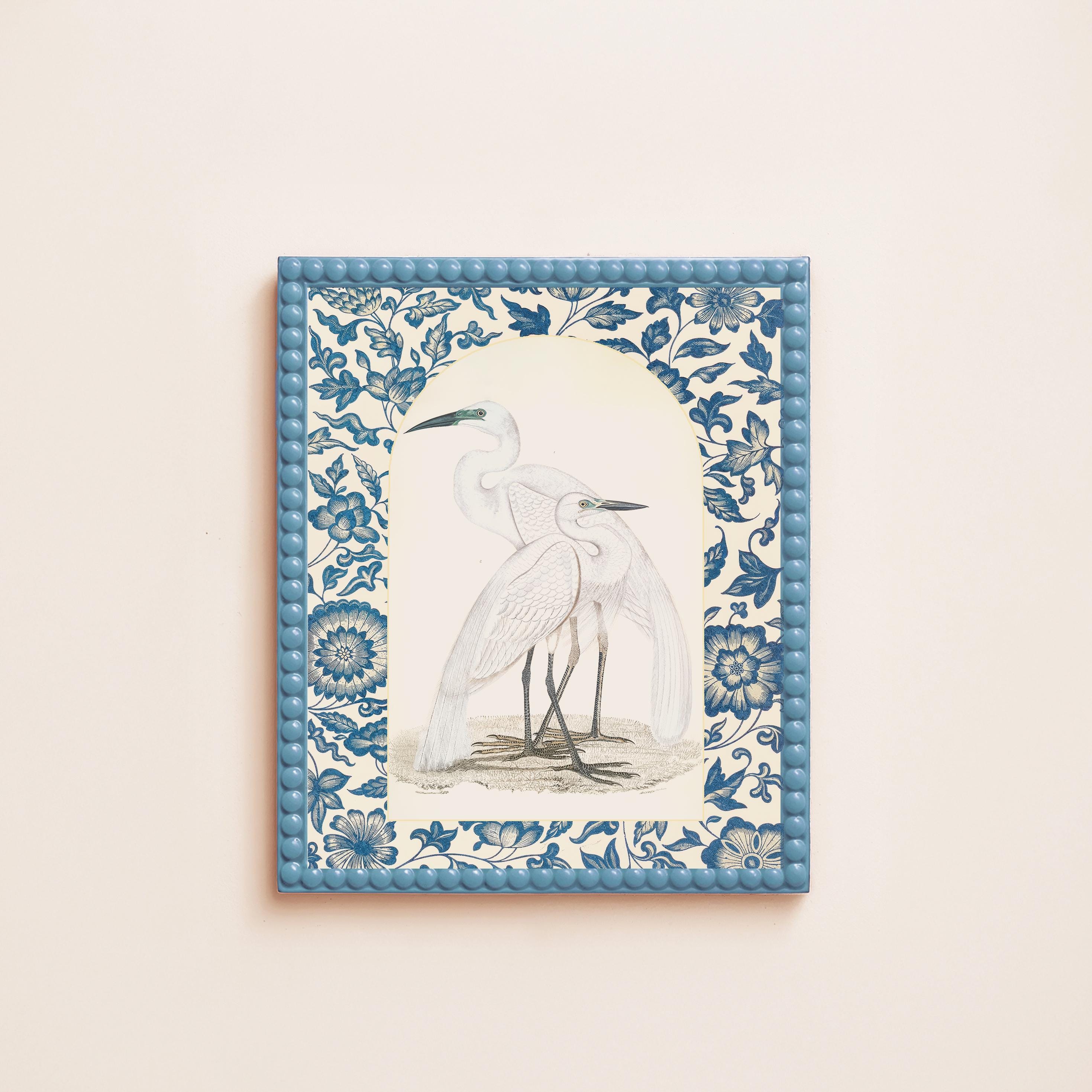 Vintage vogel kunst aan de muur, witte blauwe chinoiserie botanische print, witte reiger digitale download, Grand Millennial wanddecoratie, kraan vintage print