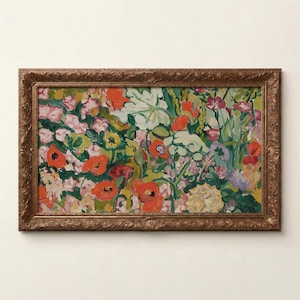 May include: A rectangular painting featuring a dense garden scene with vibrant red, pink, white, and yellow flowers set against deep green foliage. The artwork is enclosed in an ornate, metallic bronze-colored frame with intricate relief detailing.