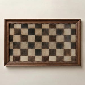 May include: A rectangular wall art piece featuring a hand-painted checkerboard pattern in alternating shades of dark brown, charcoal, and cream. The artwork is enclosed in a medium-toned wooden frame with a beaded inner edge detail.