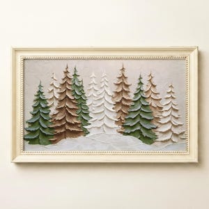 May include: A rectangular framed wall art piece featuring a textured impasto painting of a forest scene. The artwork displays rows of pine trees in shades of sage green, warm brown, and cream, set against a light background.