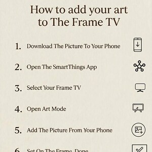 May include: A beige graphic with black text that reads "How to add your art to The Frame TV." Instructions are numbered 1-6 with corresponding icons. The steps include downloading a picture, opening an app, and setting the art on the TV.