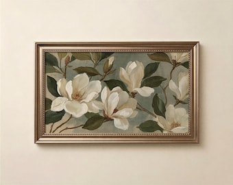 Marco de TV Arte Obra de arte Flores de magnolia, verde salvia Floral