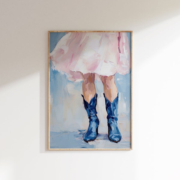 coastal cowgirls print, blue boots preppy painting, dorm western girl room wall art, trendy poster digital download