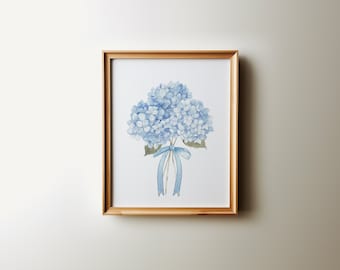 Blue Hydrangea with blue bow PRINTABLE, modern coastal preppy grandmillennial art, Coastal Grandmother botanical print, nursery wall art