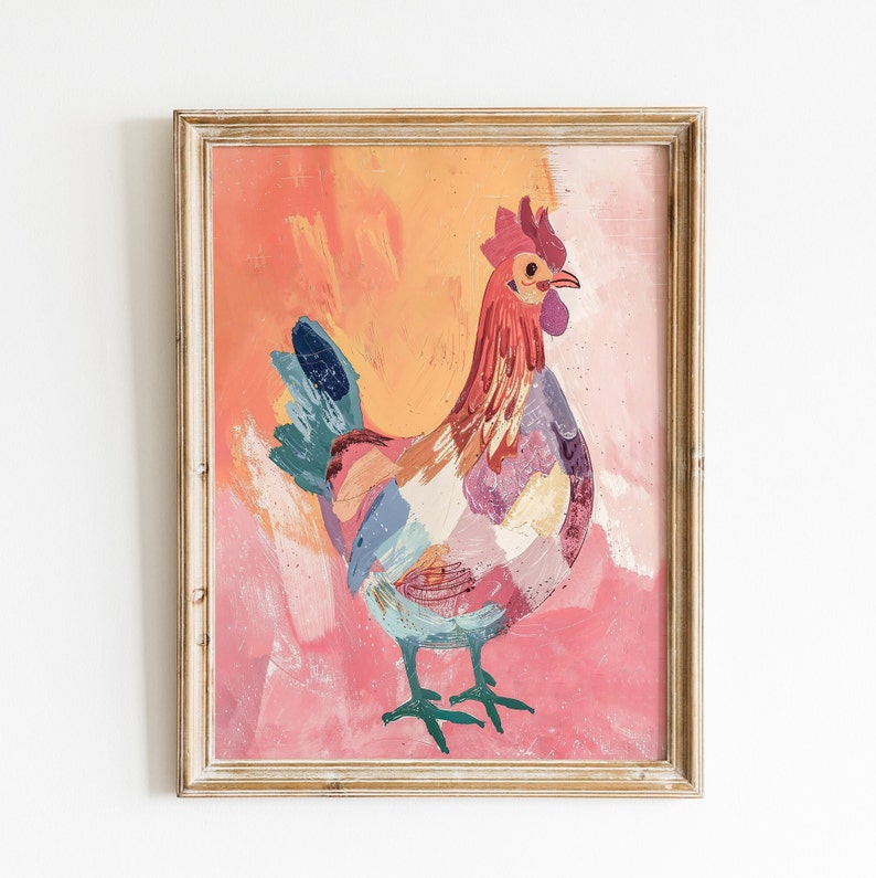 colourful Chicken print, hen kitchen wall art, dopamine decor printable art image 2