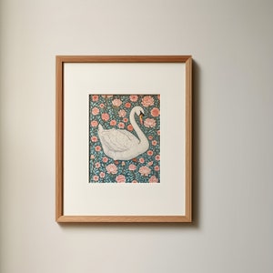 floral swan print, pink and blue whimsical nursery wall art, cottagecore poster, coquette wall decor, soft aesthetic digital download