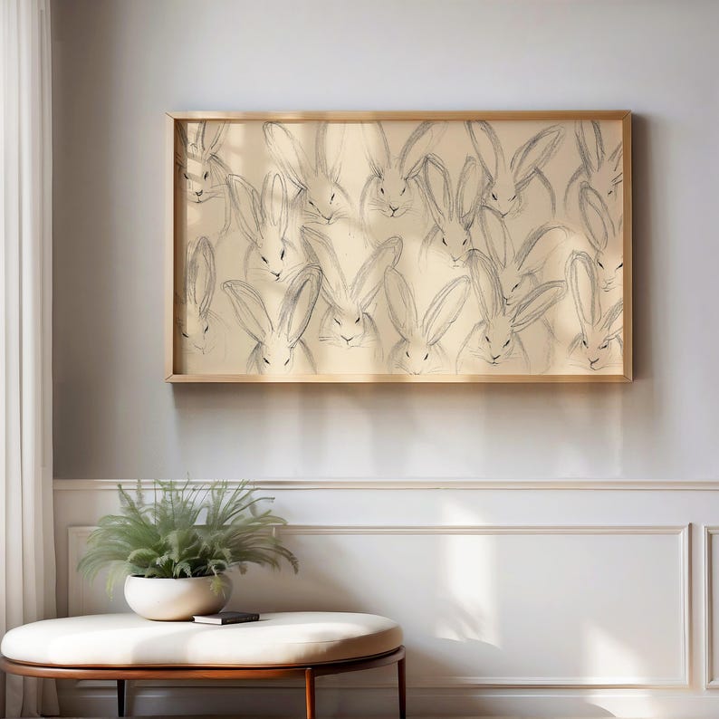 Frame TV Art Abstract Easter Bunnies Sketch, Minimalist Spring Rabbits ...