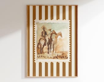 Western Cowboy Horse Wall Art Printable, Vintage Rodeo Rider Print, Brown Striped Nursery Decor, Rustic Digital Download