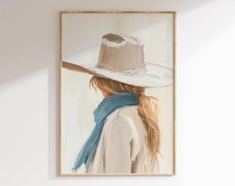 Blonde Cowgirl Portrait Wall Art Printable, Woman in Cowboy Hat Print, Blue Scarf Western Decor, Digital Download