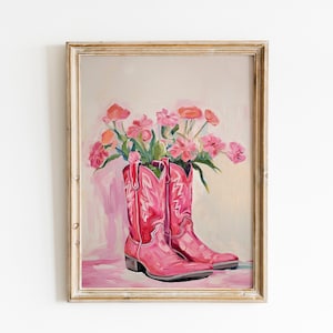 Pink Cowgirl boots Painting print, Western Aesthetic nursery printable art, Country dorm room wall art, Boho girly poster digital download