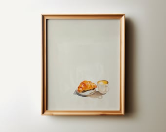 croissant and coffee minimalist printable art, neutral breakfast poster