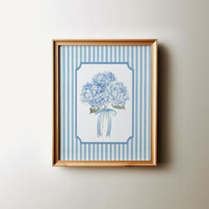 hydrangeas striped Art Print, floral baby blue nursery Wall Decor, coastal Botanical grandmillanial wall art, printable art