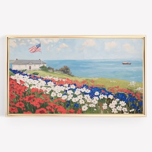 Fourth of July Frame TV Art, floral 4th July Coastal American Flag, Patriotic Summer Frame Artwork, Digital Download tv background