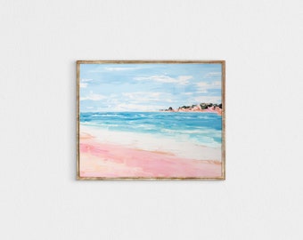 pink and blue beach Painting, abstract coastal girly pink apartment wall art, beachy wall art dorm room poster, Printable digital download