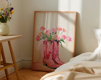 Coastal Cowgirl boots wall art, western pink nursery print, teen girl bedroom, Printable dorm room posters, preppy decor. DIGITAL DOWNLOAD