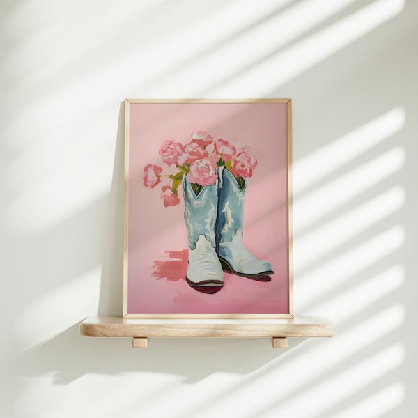 Art imprimable de bottes de cow-girl côtières, impression florale de chambre de bébé occidentale rose pastel et bleu chaud, esthétique de pays occidental, affiche de chambre de dortoir