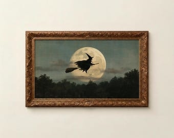 Marco de fotos de luna de bruja para TV, ilustración de Halloween con ambiente sombrío, paquete completo de otoño incluido.