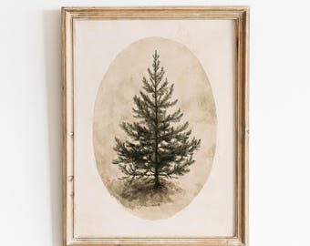 May include: A framed print of a watercolor painting of a pine tree in an oval shape on a beige background.