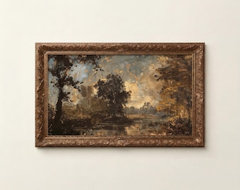 Quadro TV con paesaggio suggestivo, salvaschermo astratto con natura dai toni scuri, neutri e dorati.