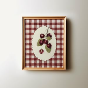 Cherry Gingham striped artwork, preppy nursery print, digital download, grandmillennial wall art, cottage core aesthetic