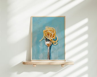 pasta Print, food aesthetic Kitchen wall art, spaghetti lover poster, blue apartment Trendy printable art