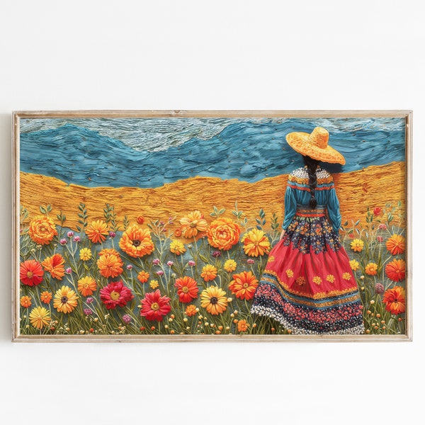 frame tv art cinco de mayo, feminine colourful Mexican Bright and Colorful folklore screensaver for the frame tv digital download