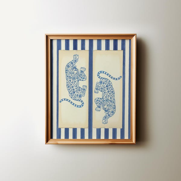 Arte de pared con rayas de tigre, estampado en blanco y azul, decoración infantil de jungla, arte imprimible para dormitorio costero preppy