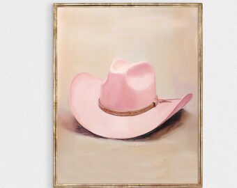 Pink Cowgirl Hat print, pastel coastal cowgirl wall art, Country Western Aesthetic Painting poster, trendy dorm room preppy wall decor