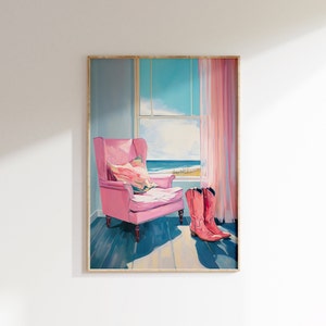 coastal cowgirl print pink, blue pink girly apartment wall art, coastal granddaughter Aesthetic, beachy wall art trendy poster digital