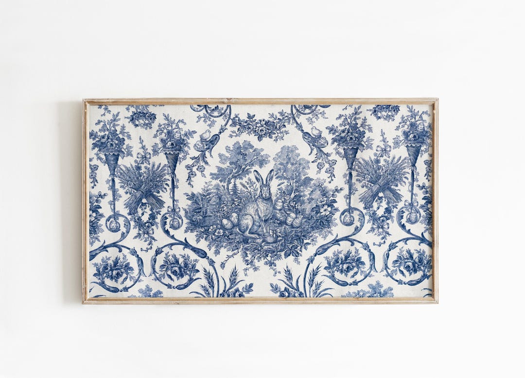 Spring Toile Blue Frame TV Art Summer Toile De Jouy Rabbit, Blue and White Spring Bunny ...