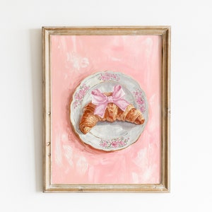 croissant with bow pink coquette wall art, preppy soft aesthetic apartment print, kitchen painting poster, trendy french Granddaughter art